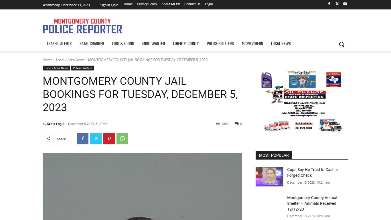 MONTGOMERY COUNTY JAIL BOOKINGS FOR TUESDAY, DECEMBER 5, 2023