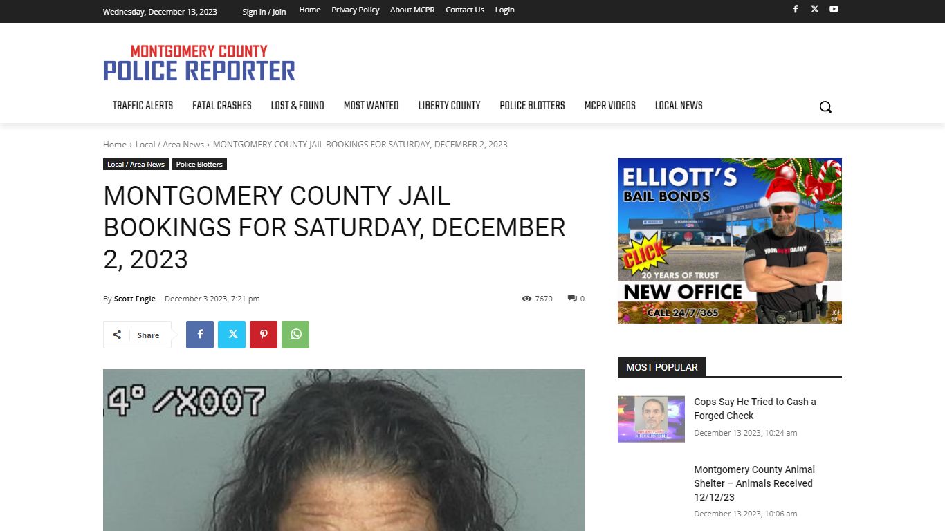 MONTGOMERY COUNTY JAIL BOOKINGS FOR SATURDAY, DECEMBER 2, 2023